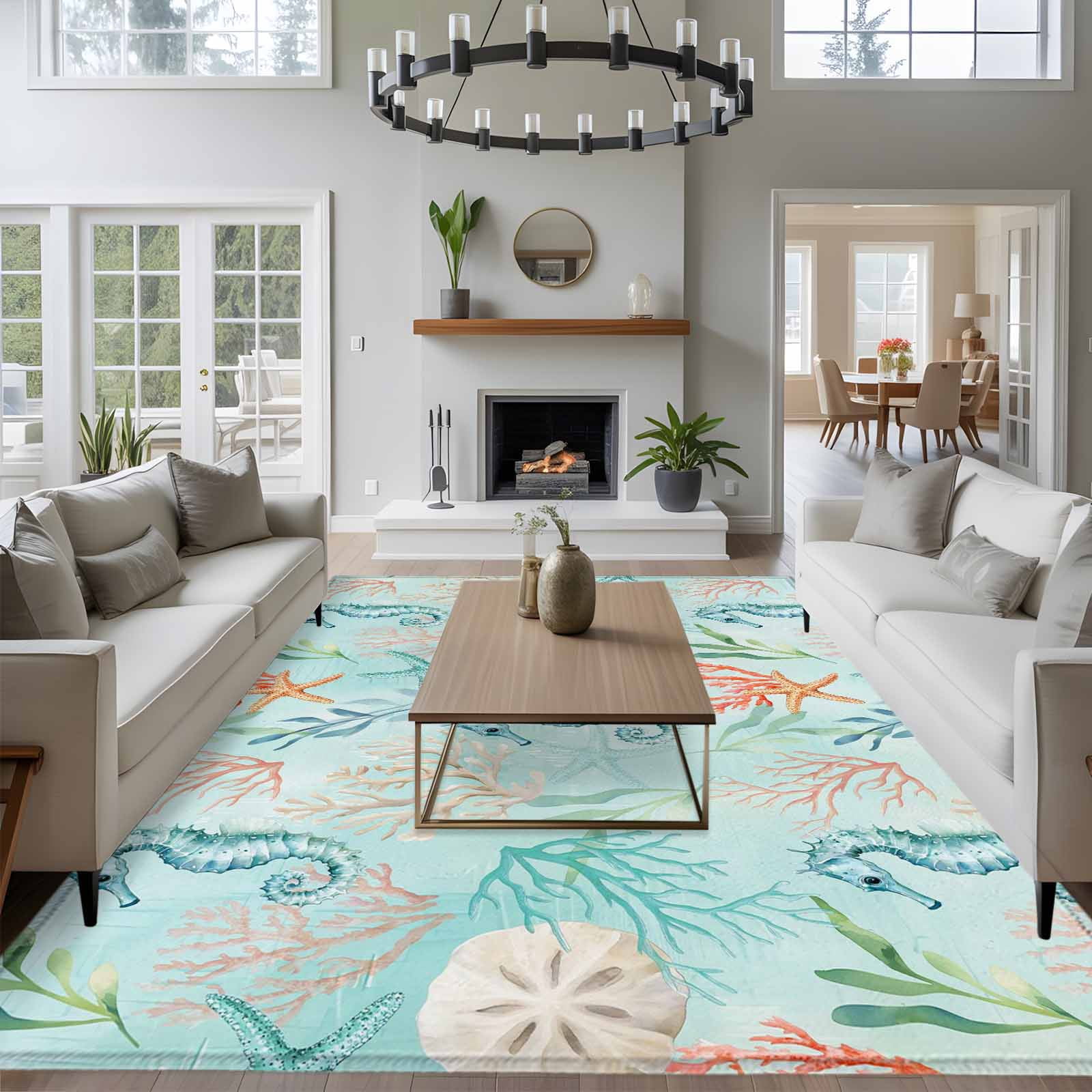 Large Area Rugs for Living Room Bedroom, Teal Red Coastal 5'x8' Rug Washable Carpet Runner Indoor Outdoor, Nautical Seahorse Beach Coral Starfish Non Slip Floor Mats Rug for Kitchen, Bathroom
