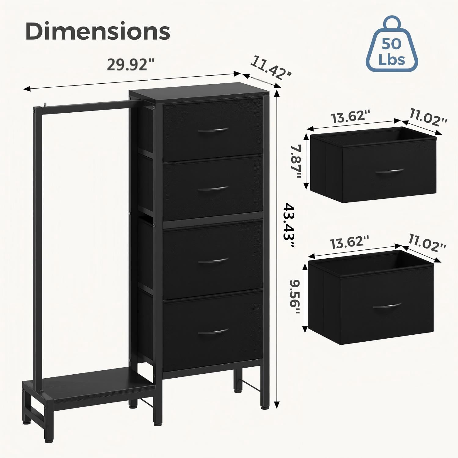 JIOABL 4 Drawer Dresser with Hanging Rack, Steel Frame, Fabric Drawers, Tall Storage Organizer for Bedroom, Black