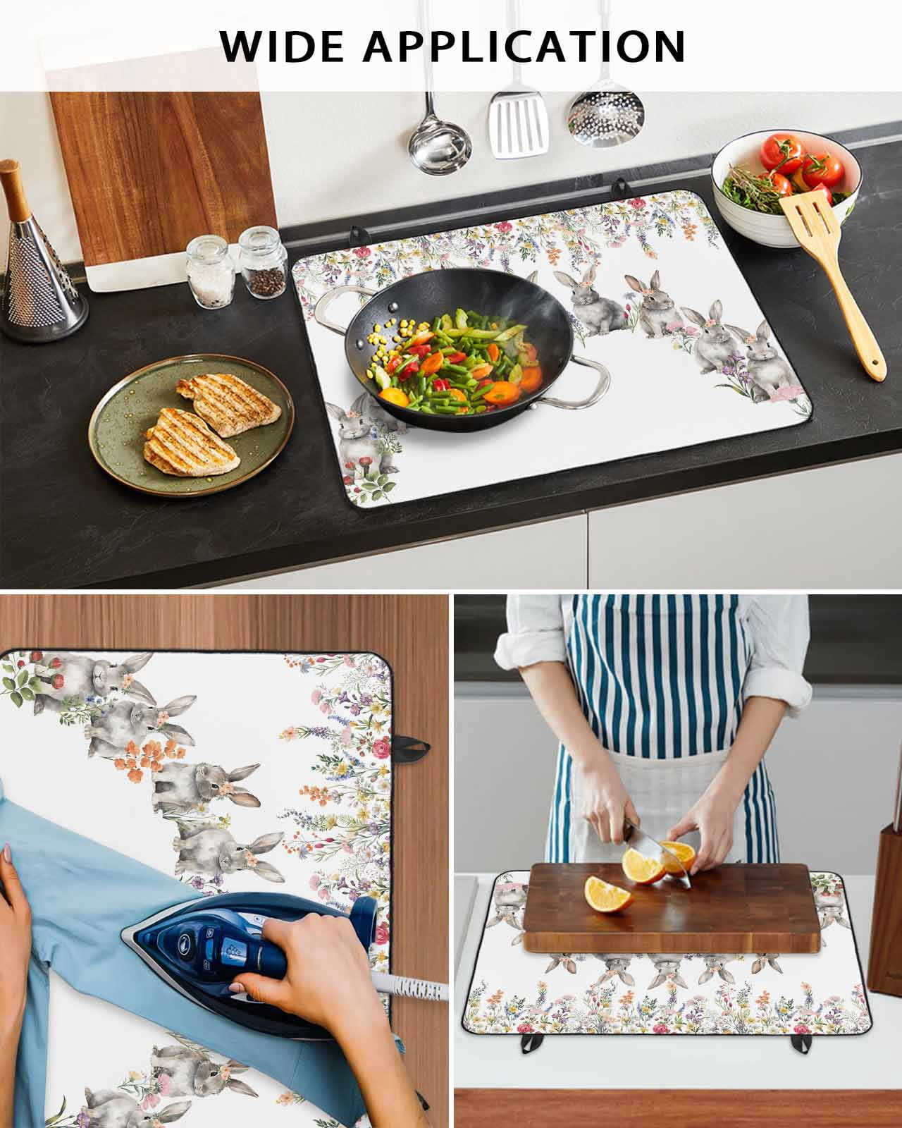 Large Induction Cooktop Protector Mat Easter Bunny Stove Top Covers for Electric Stove, Spring Flowers Watercolor Botanical Decorative Stove Burner Cover Mats, Glass Top Stove Cover