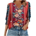 thumbnail image 2 of JTZGDY Blouses for Women Dressy Casual V Neck Boho Floral Printed 3/4 Smocked Cuff Sleeve Womens Tops Trendy Summer Graphic T-Shirts Red#01 S, 2 of 8