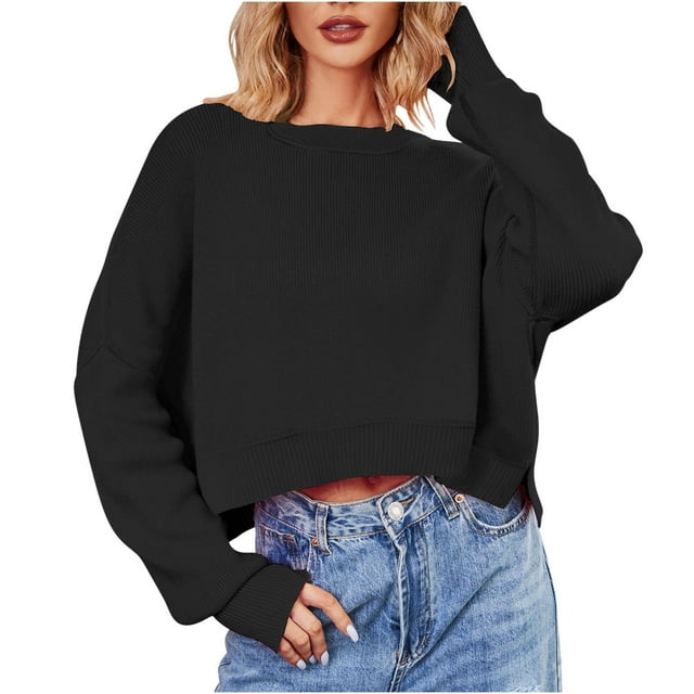 Timegard Womens Sweaters Cropped Drop Shoulder Crewneck Pullover Fall Casual Long Sleeve Comfy Tops