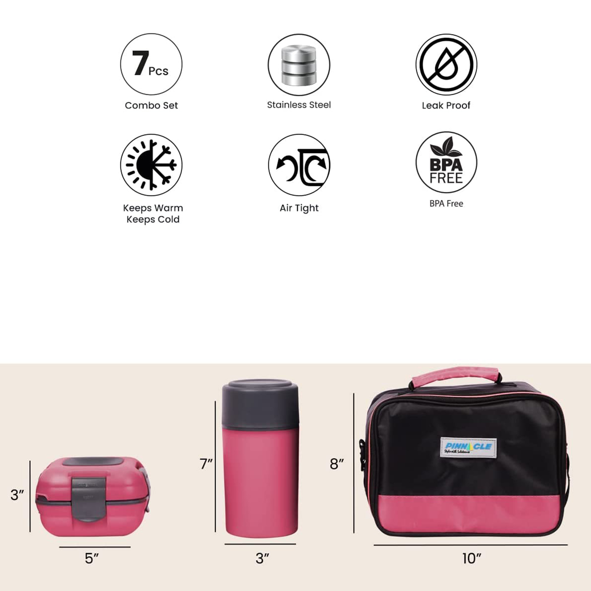 Pinnacle Thermoware Thermal Lunch Box Set Lunch Containers for Adults & Kids, Pink - image 5 of 9