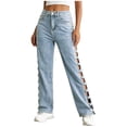 thumbnail image 5 of Olyvenn Women's High Waist Cutout Zip Button Jeans, Hollow Out Straight Leg Denim Trousers with Pockets, Outdoor Casual Streetwear Light Blue XXL, 5 of 9