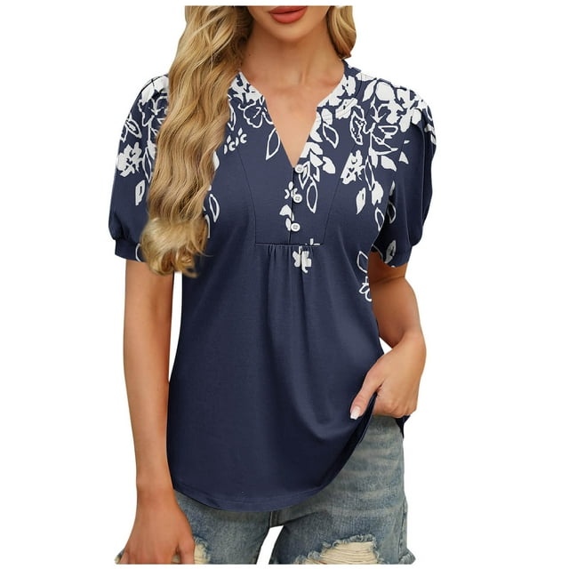 Camiseta de Cuello en V de Impresión Casual de Manga Corta de las Mujeres, Top Cómodo Ligero para la Primavera Y el Verano