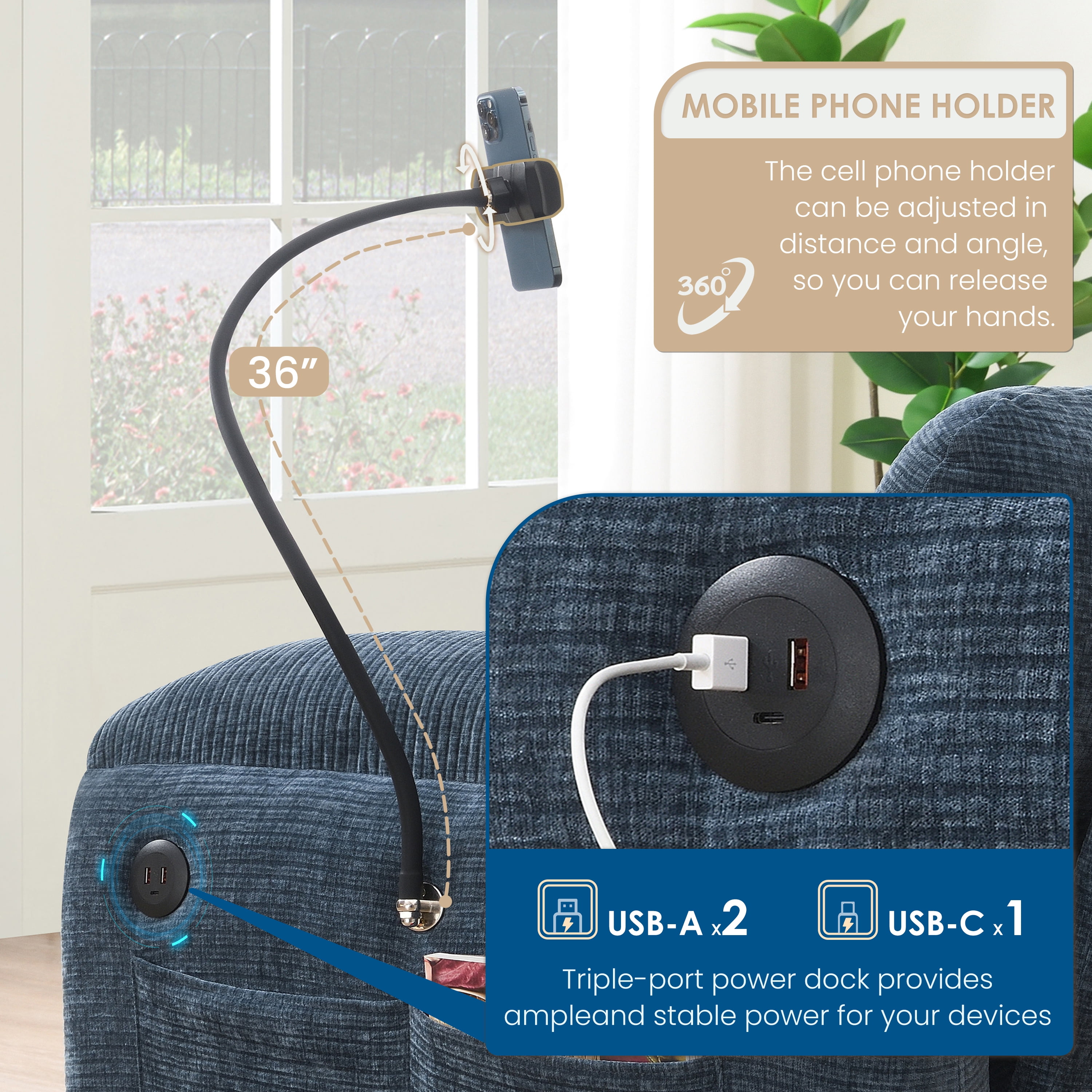 MAYEERTY 108" L-Shaped Modular Sectional Sofa with Wide Seat, USB/Type-C Charger & Ottoman, Striped Chenille