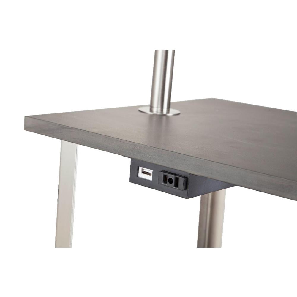 58" Tall "Dru" 3-Tiered Square Side Table Floor Lamp with Charging Station and USB Port, Brushed Silver