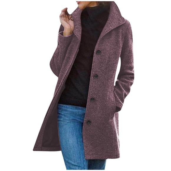 aohooy Peacoat Womens Coat Winter Long Pea Coats Wool Blend Stand Collar Single Breasted Jackets Casual Peacoat Overcoats Purple,S