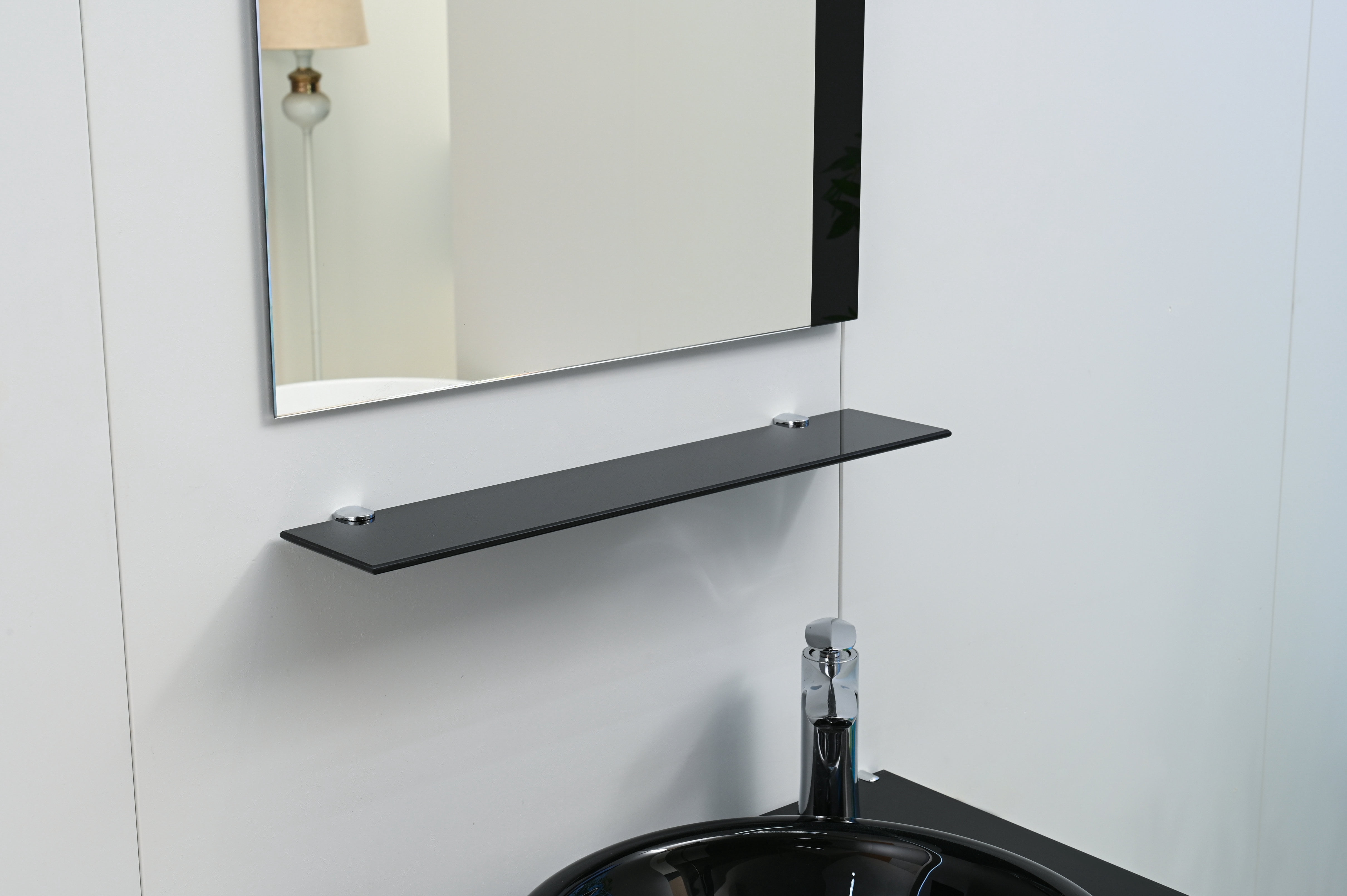 Lorixon 24" Modern Bathroom Vanity Set, Black Tempered Glass Top, Mirror, Shelves