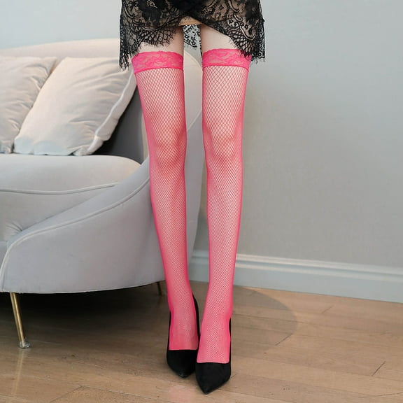 ERDOUY 2 Pairs of Lace Top Fishnet Thigh High Stockings Silicone Top Stay Up Tights for Women,Rose