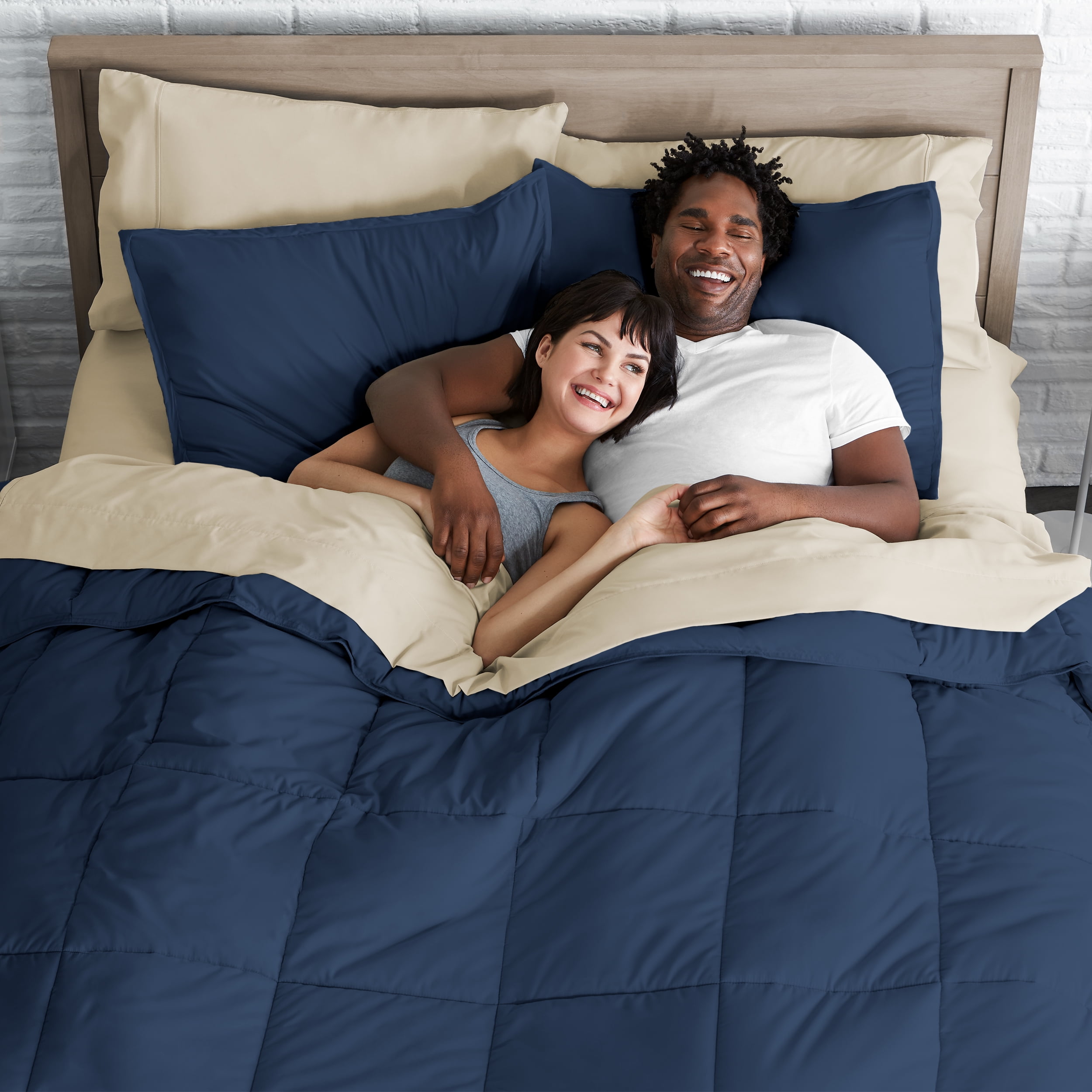 Bare Home Microfiber 7-Piece Dark Blue and Sand Bed in a Bag, Queen