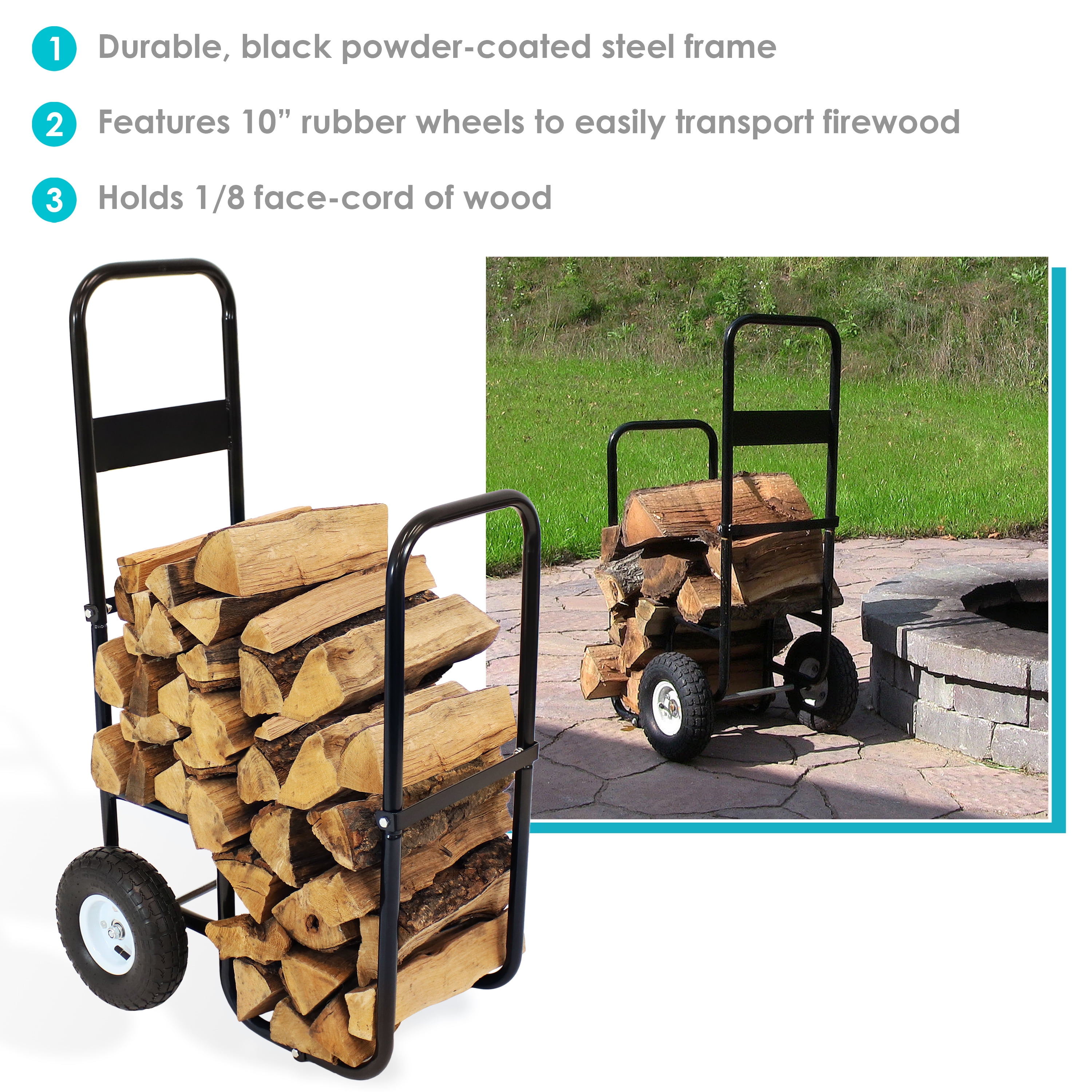 Sunnydaze Indoor Outdoor Steel Rolling Firewood Log Cart Carrier