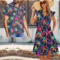 thumbnail image 2 of Garronmavis Colorful Palm Leaf Matching Couple Outfits Men's Short Sleeve Shirt Comfort Beach Shirts for Summer and Women's V-neck Dress Size 3XL Flowy Hawaiian Party Sundress, 2 of 7
