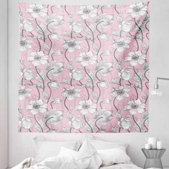 Pink and Grey Tapestry, Vintage Floral Anemones Fragrance Soft Toned Yoga Botanical Beauty Art, Fabric Wall Hanging Decor for Bedroom Living Room Dorm, 5 Sizes, Rose Pale Grey, by Ambesonne