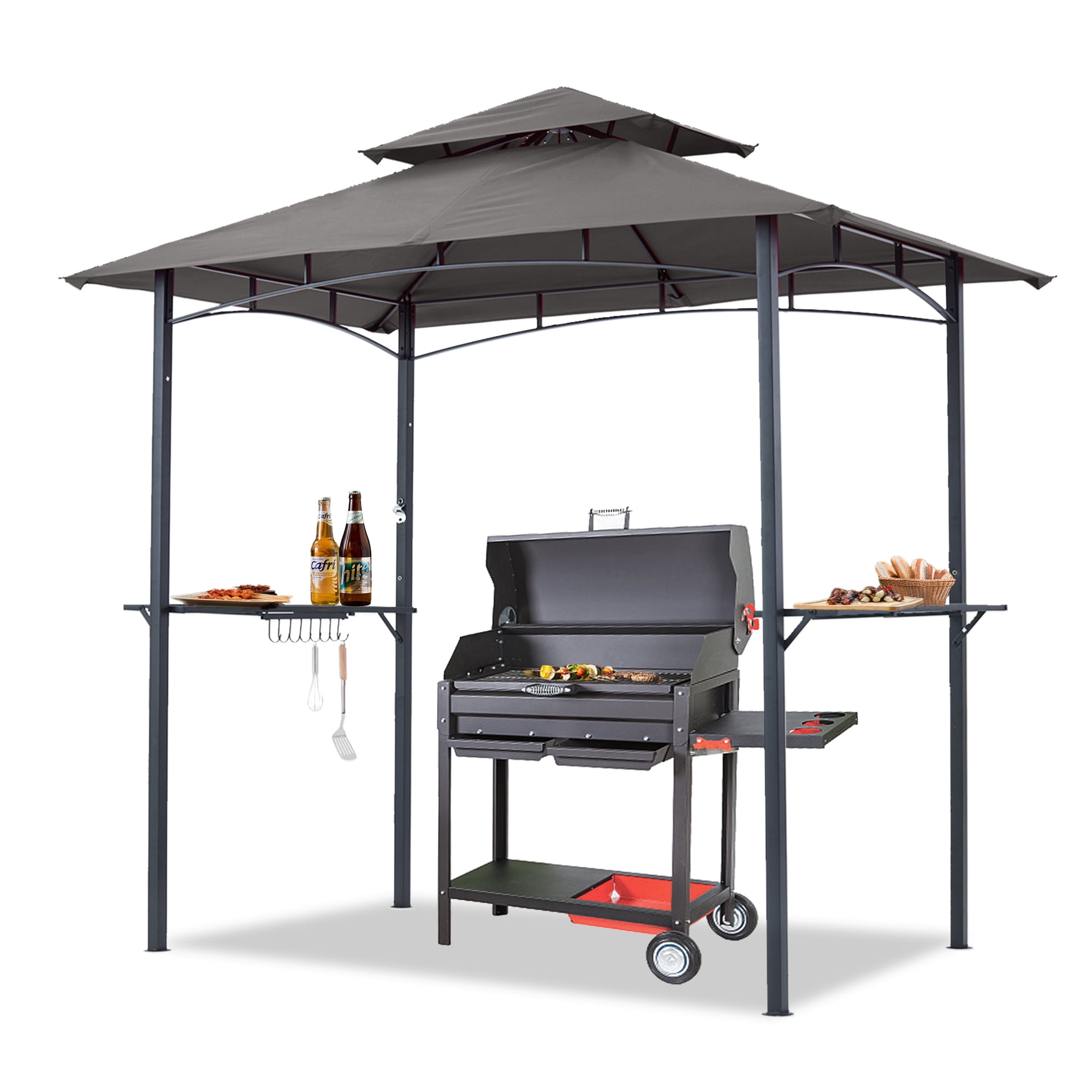 ABCCANOPY 8'x 5' Grill Gazebo Shelter, Double Tier Outdoor BBQ Gazebo Canopy with LED Light(Gray)