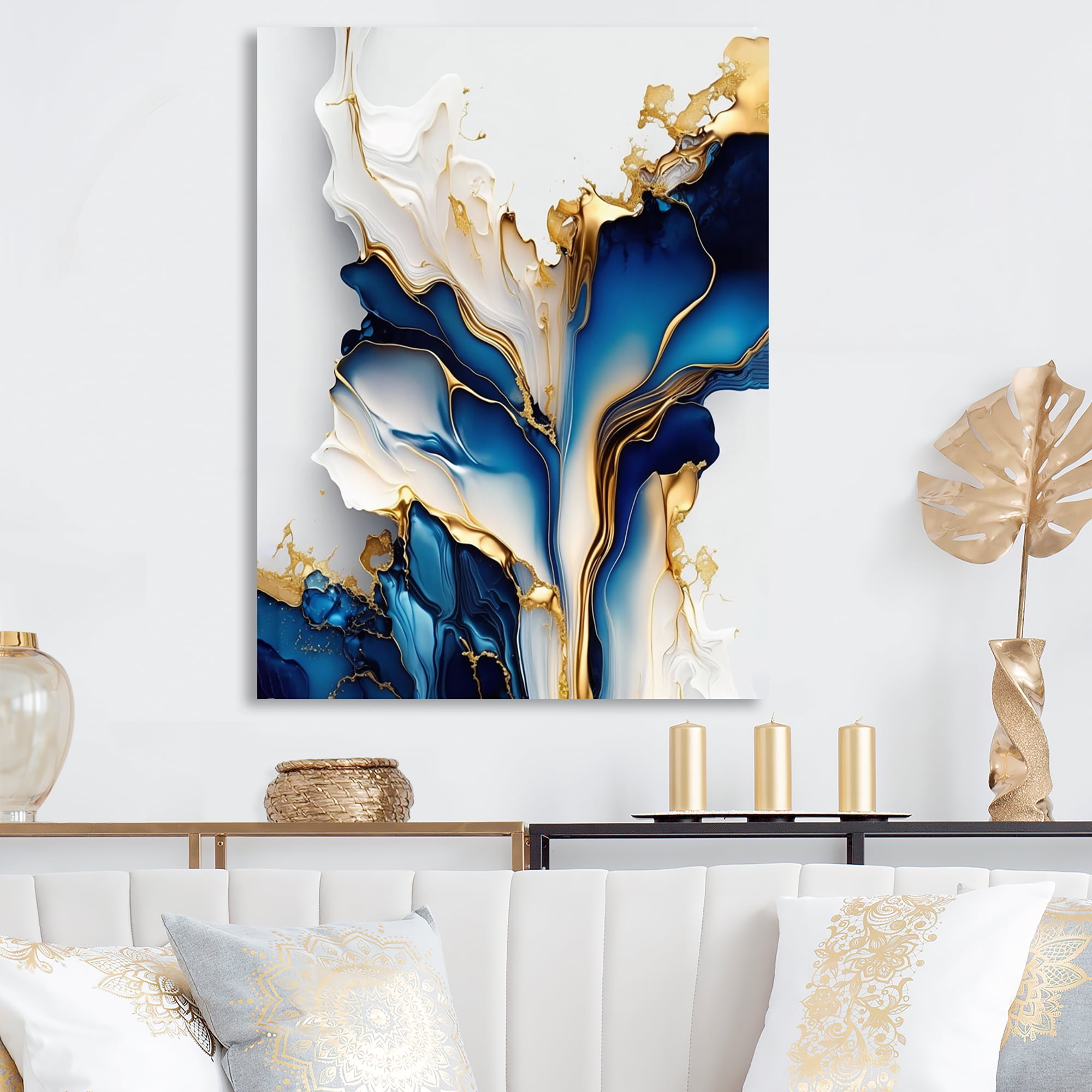 Designart Abstract Geode Gold Blue Marble Canvas Wall Art