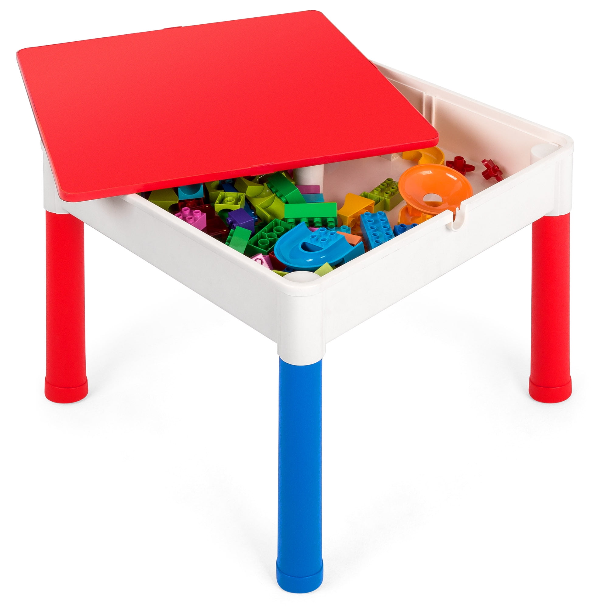 deAO 3-in-1 Multi-Purpose Building Block Construction Activity Table with Two Chairs Writing Top and Toy Storage for Kids