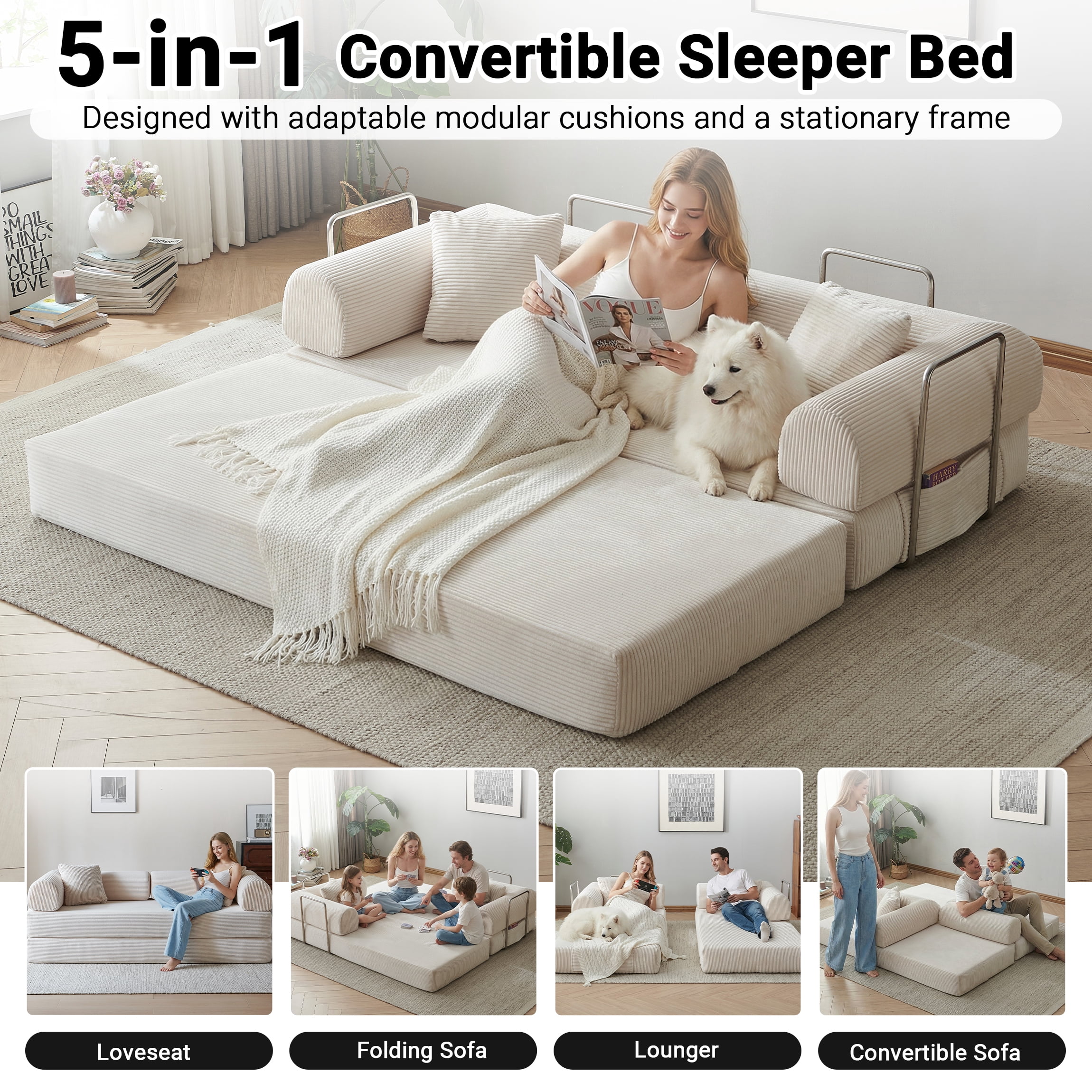 Vanress 78" Convertible Sofa Bed, Folding Sleeper Sofa Couch Bed with Fixed-Shape Frame, Pull-Out Sleeper Loveseat, Corduroy Boneless Futon Bed, No Assembly Required for Living Room & Bedroom, White
