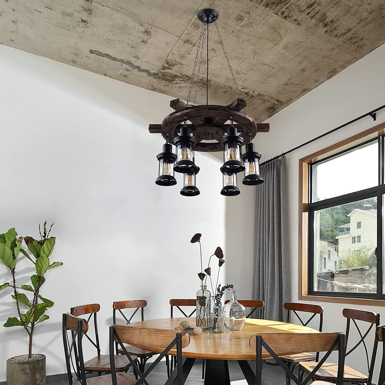 FETCOI Farmhouse Wood Chandelier, 6-Light Round Wagon Wheel Chandelier ...