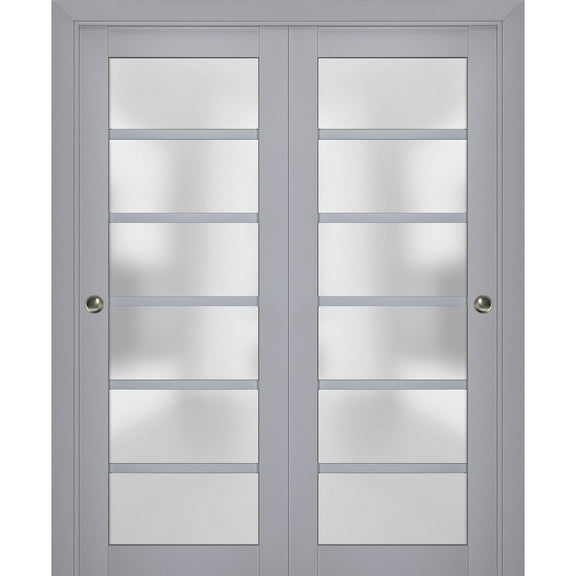 Sliding Closet Bypass Doors with Frosted Glass | Veregio 7602 Matte Grey | Sturdy Rails Moldings Trims Hardware Set | Wood Solid Bedroom Wardrobe Doors -36" x 84" (2* 18x84)