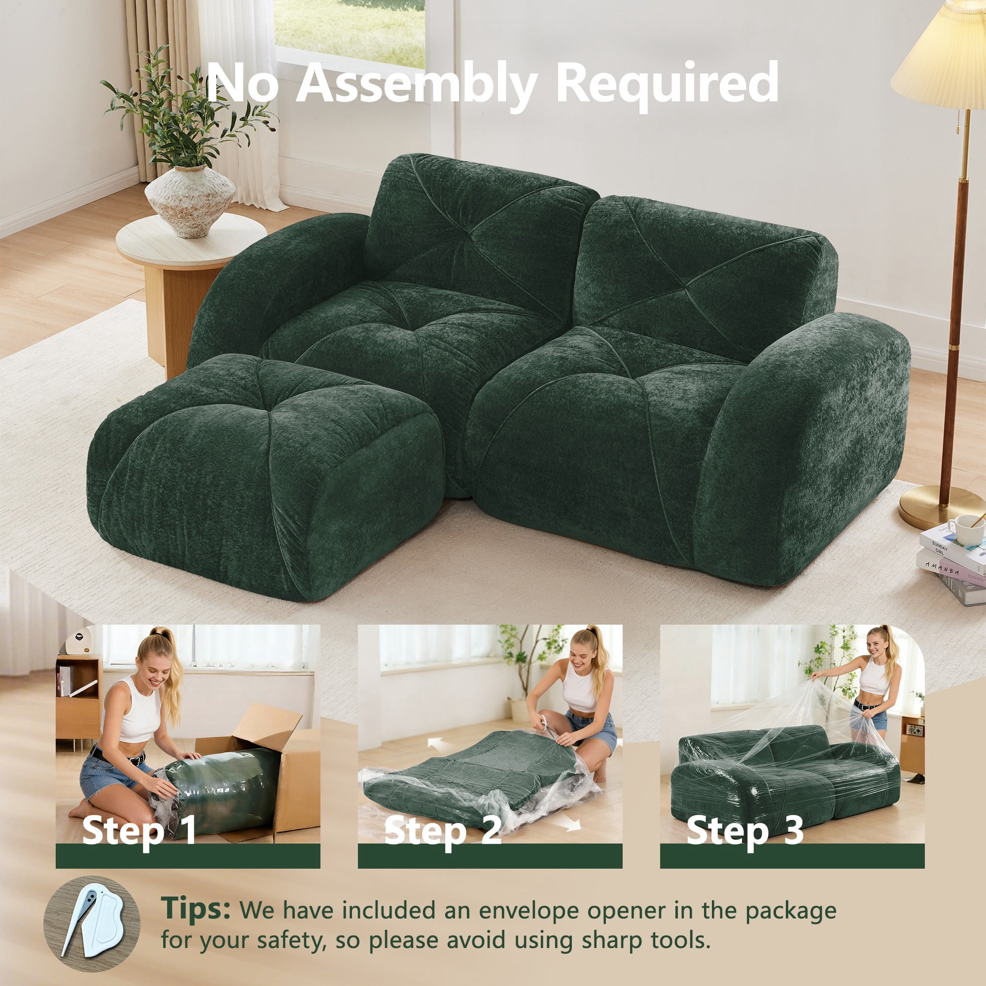 L-Shaped Boneless Sofa, Soft Velvet Fabric, Tufted Design, 32D High Density Sponge, No Assembly Required, Ergonomic Design Bottom, Anti-Slip Design, Movable Ottoman for Bedrooms (Green)