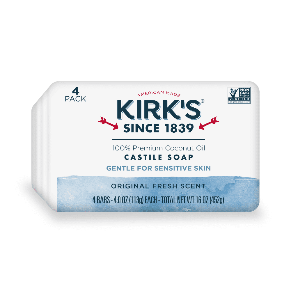 Kirk's Castile Bar Soap - Made With Premium Coconut Oil, Original Fresh Scent, 4 oz. Bars, 4 Pack