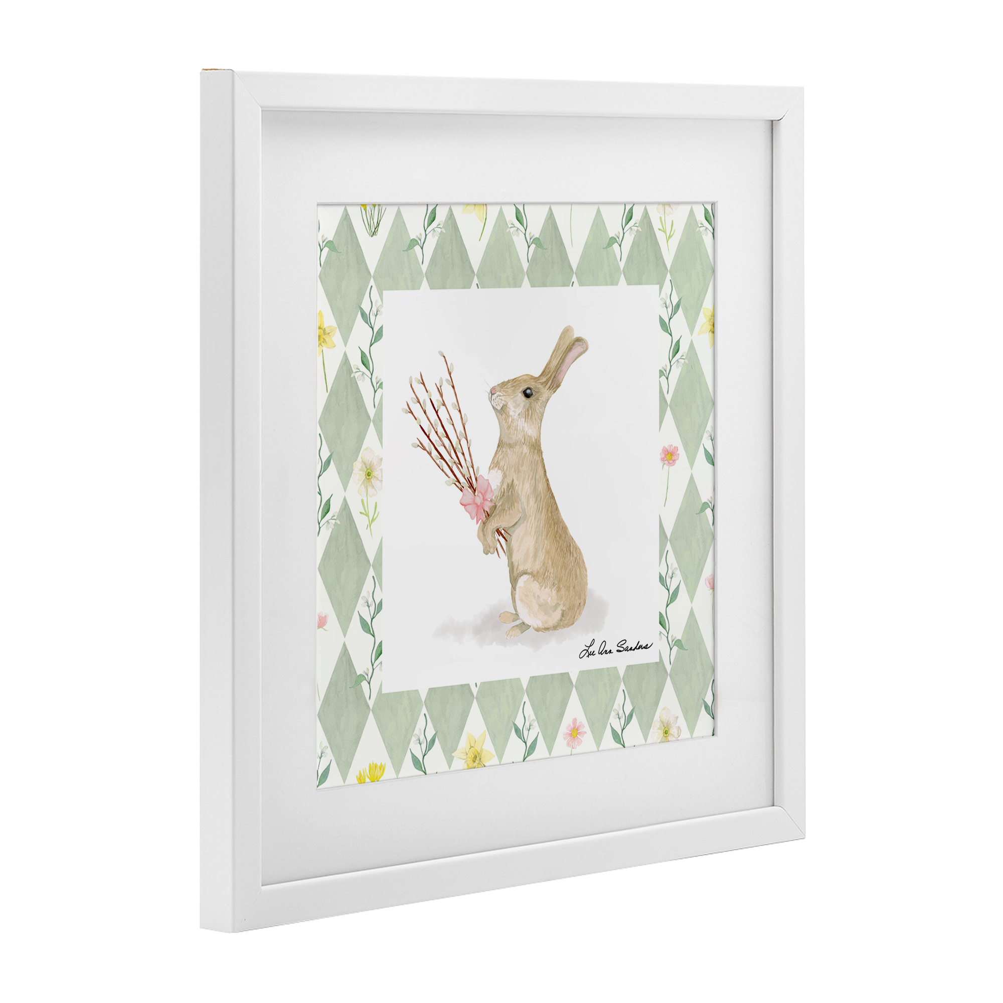 Bouquet Bunny on Green Argyle White Framed Print Under Glass, design by Lee Ann Sanders