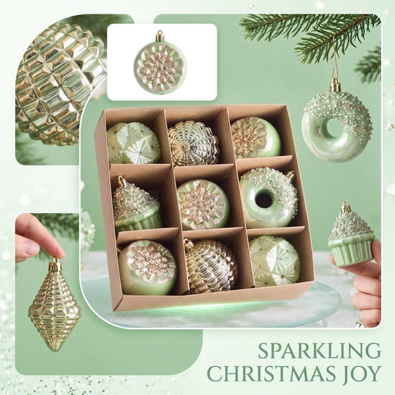 9 Pcs, Christmas Tree Ornaments Set 10 Inch Sage Green Gold Hanging Baubles Textured Shatterproof Decorations for Home Christmas Tree Decor Holiday Party Display, 1 Pack