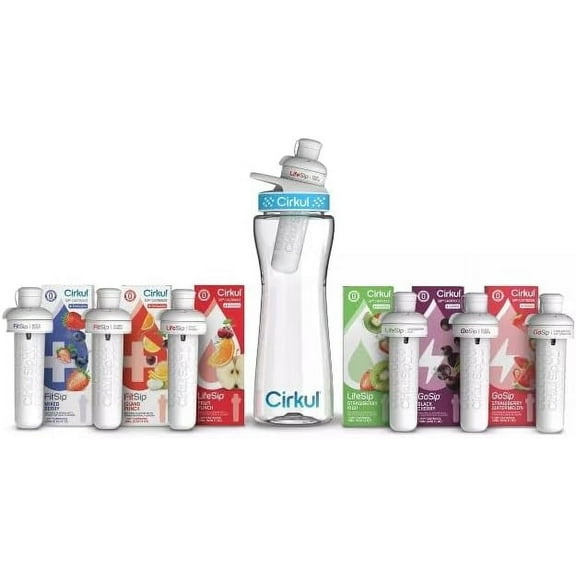 Ciirkul 22oz Plastic Water Bottle Starter Kit With Blue Lid & 6 Flavor Cartridges Refreshing Hydration with Exciting Flavors.