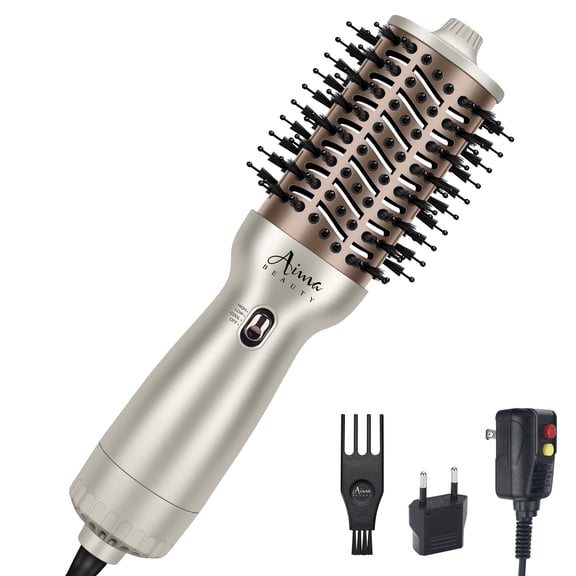 Dual Voltage Hair Dryer Brush, Aima Beauty 4 in 1 Travel Hair Dryer for Hair Styling, 2.3 Inch Ionic Blow Dryer Brush, Good for Travel and Gift, Champagne Silver