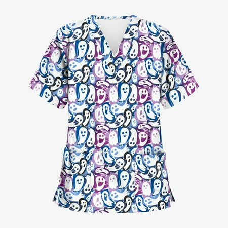 

BallsFHK Women Short Sleeve V Neck Halloween Cartoon Pattern Tops Pocket Working T-shirts Non-positioning Print Scrub Tops Women