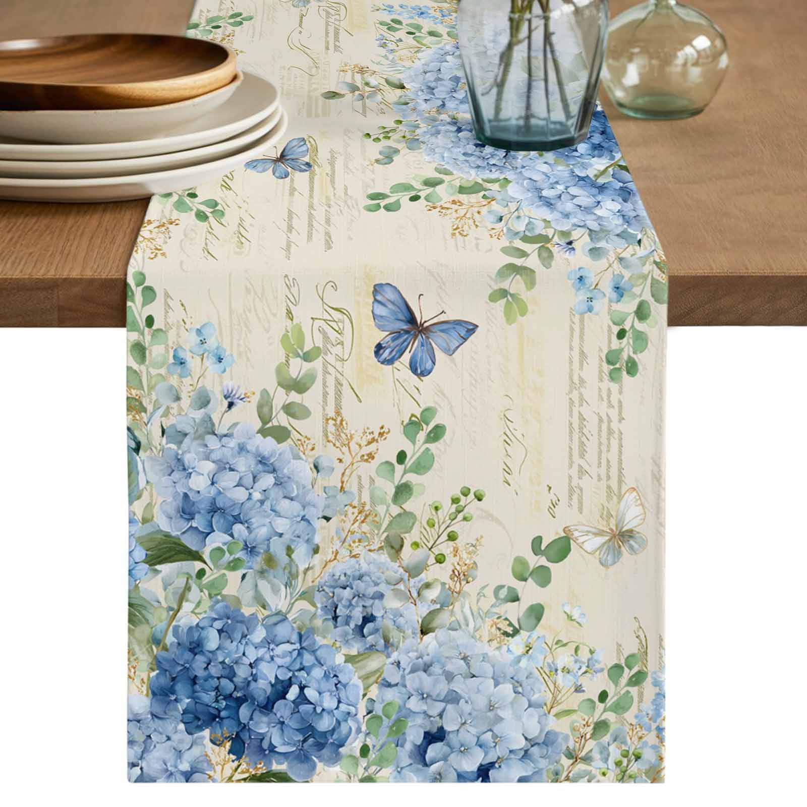Blue Floral Table Runner Summer Country Hydrangea Floral Butterfly Beige Cotton Linen Table Cloth Tablerunner for Kitchen Dining Party Wedding Home Decor 13x70 Inch