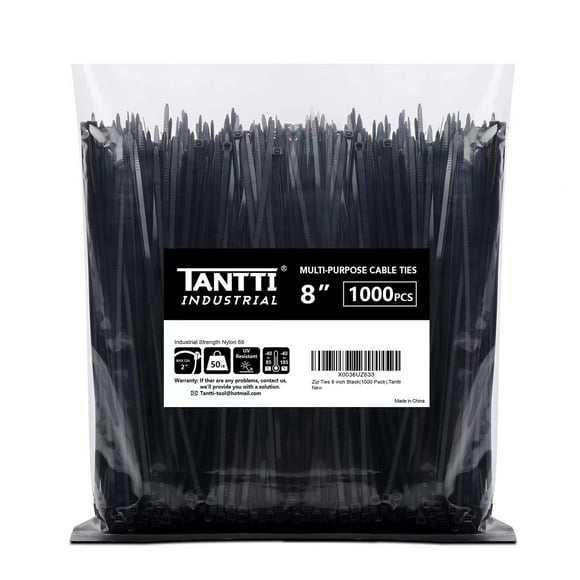 Attaches à Glissière 8 Pouces Noires, Lot de 1000, Attaches en Fil de Fer de 50 Lb Résistantes à la Traction, Attaches de Câble Résistantes aux UV, Attaches en Plastique Autobloquantes pour Usage Intérieur et Extérieur, par Tantti