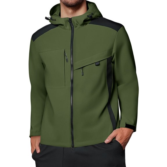WTOBBY Men's Colorblock Waterproof Windbreaker Jacket for Outdoor - Hooded with Zip-Up, Multi-Pockets,Ideal for Hiking, Wind Protection, and Stylish Casual Wear,Army Green L