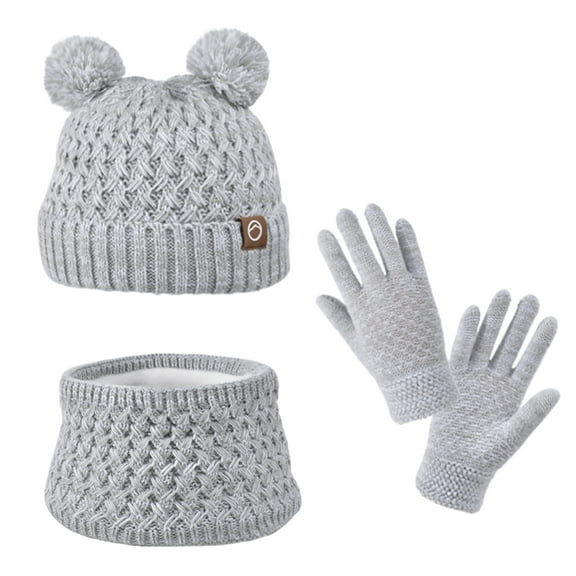 Happy Cherry Kids Winter Beanie Hat Scarf Gloves Set Boys Fleece Lined Cap Scarf Snow Gloves Girls Knitted Hat Cute Bear Neck Warmer Gaiter Mittens 3Pcs 4-10 Year