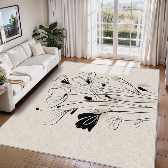 Abstract Line Art Floral Area Rugs, Modern Minimalist Carpet, Washable Non Slip Low Pile Soft Rug for Living Room Bedroom Decor Mat 2ftx3ft