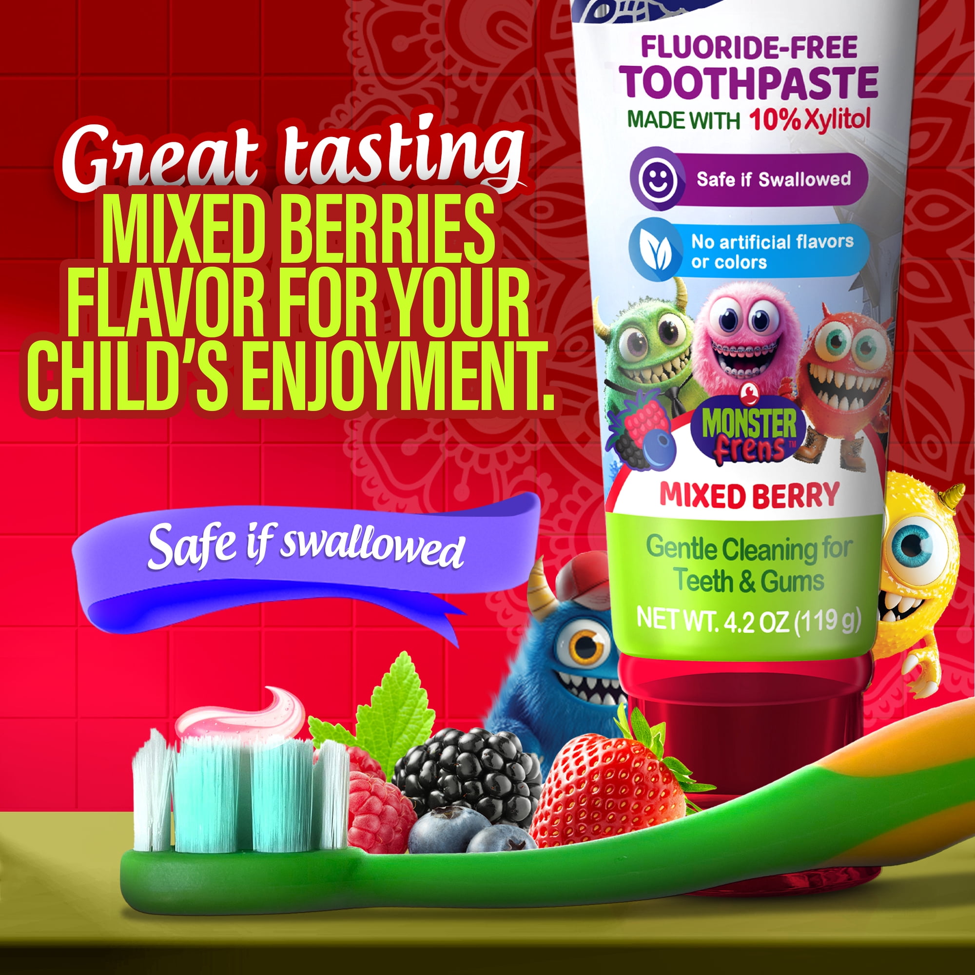 Gurunanda Kid's Toddler Toothpaste with Xylitol - Fluoride-Free - Mixed Berry Flavor - 4.2 oz
