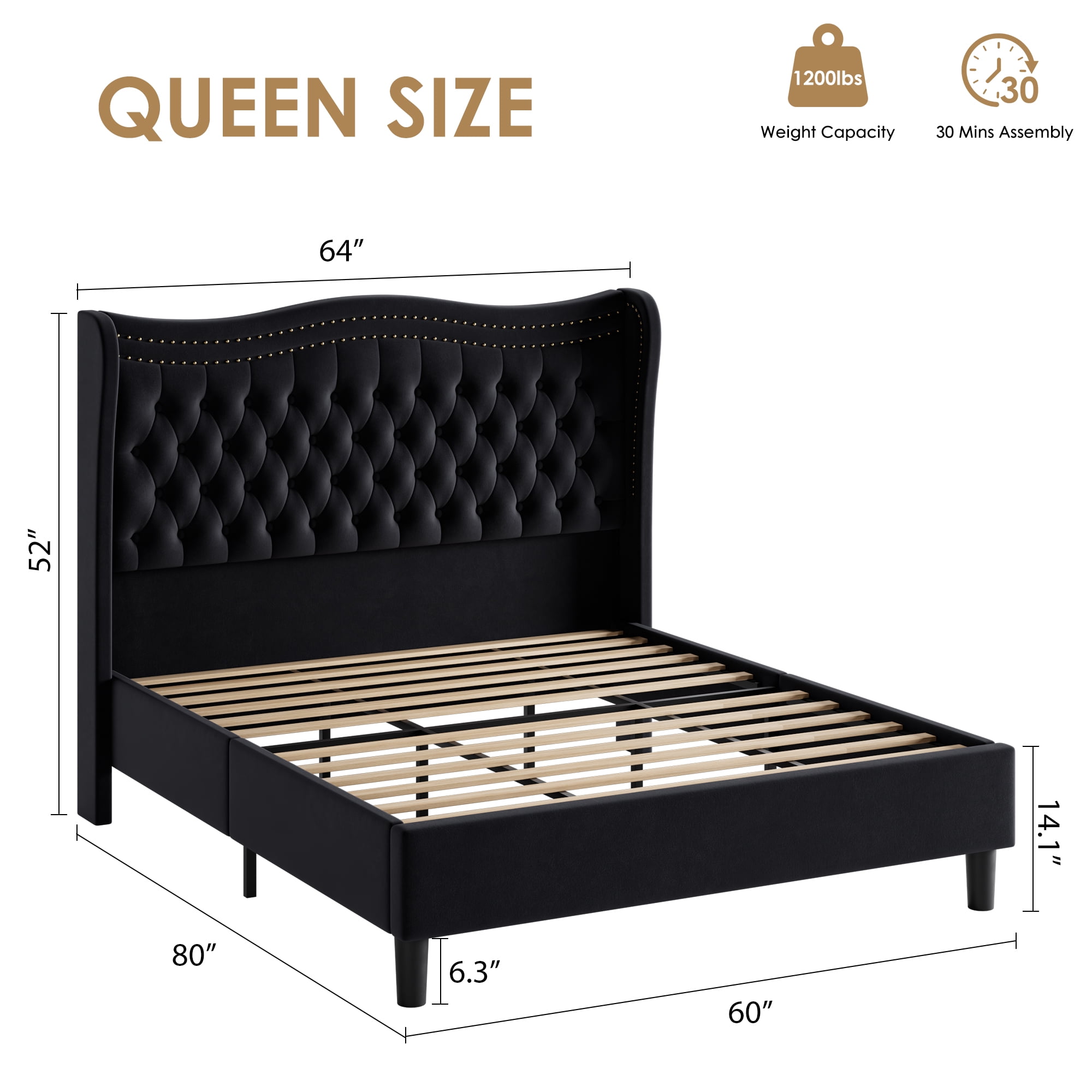 BSHTI Queen Size Velvet Upholstered Platform Bed Frame with Wingback Headboard, Diamond Tufting, Double Nailhead Trim, No Box Spring Needed(Black)