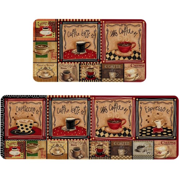 Farmhouse Kitchen Mat Set of 2 Non Slip Farmhouse Coffee Kitchen Rugs for Floor Rustic Low-Profile Washable Home Decor Kitchen Mats 17x47 Inch and 17x29 Inch