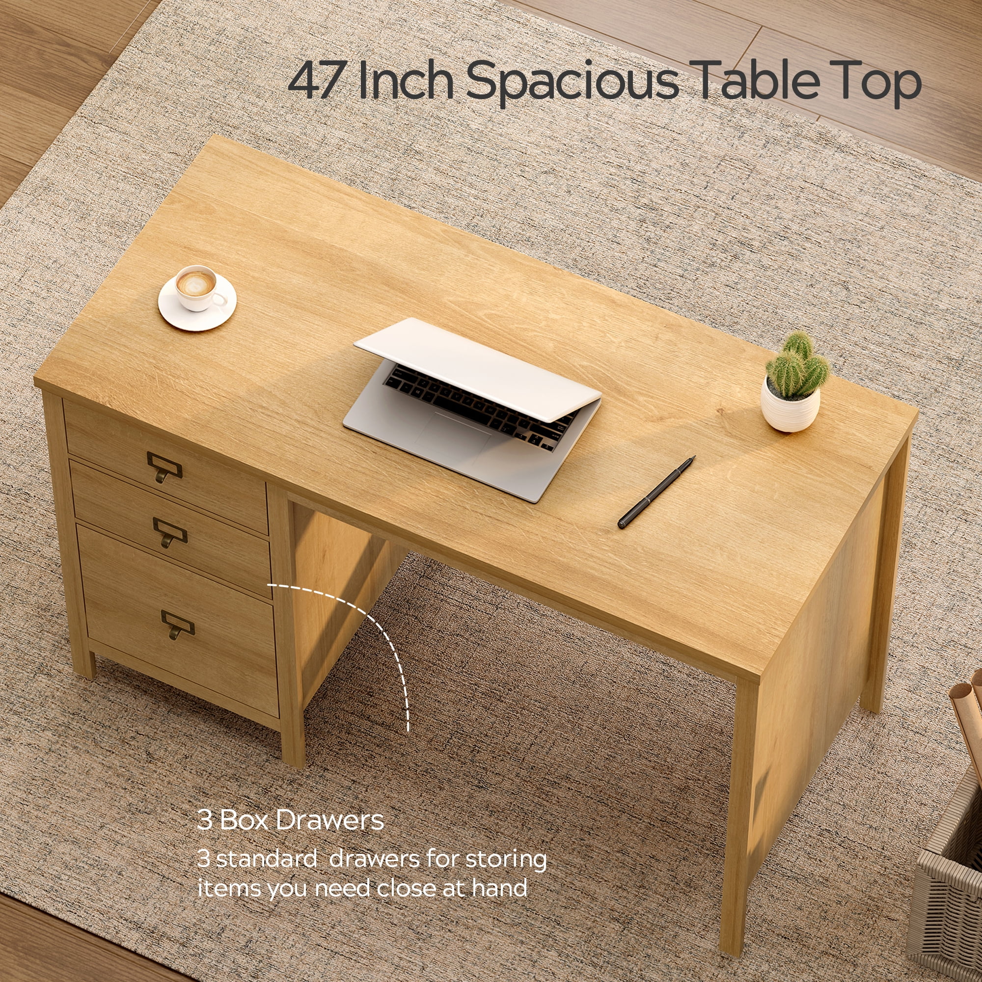 EYYTHUNG Executive Desk with Drawers, 47.2 x 21.7 in, Natural Oak, 1 Count, 1 Pack