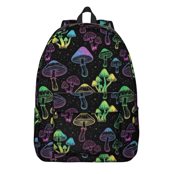 Mushroom and Rainbow Black Pattern Backpack for School, Cute School Bag with Adjustable Shoulder Straps and Padded Back, 15.7"x11.8"x5.5"