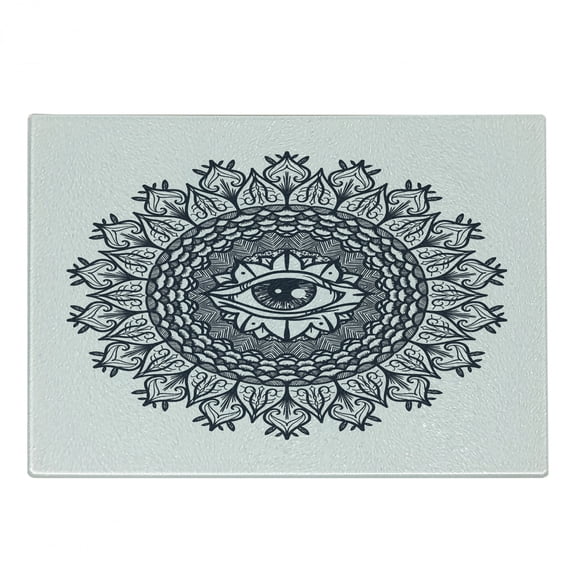 Occult Cutting Board, Vintage Symmetrical Circular Occult Pattern Knowledge of the Hidden Third Eye Providence, Decorative Tempered Glass Cutting and Serving Board, Small Size, Grey, by Ambesonne