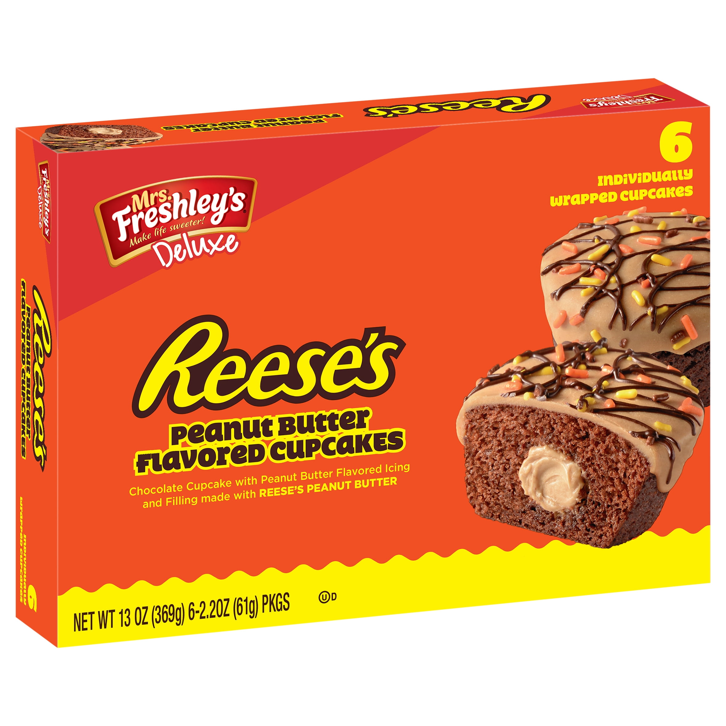 Mrs. Freshley's Deluxe Reese's Peanut Butter Cupcakes, 6 Count, 6 Individually Wrapped Snack Cakes, Shelf-Stable