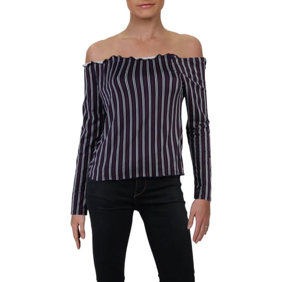 Ultra Flirt Womens Juniors Pinstripe Ruffled Pullover Top Navy L