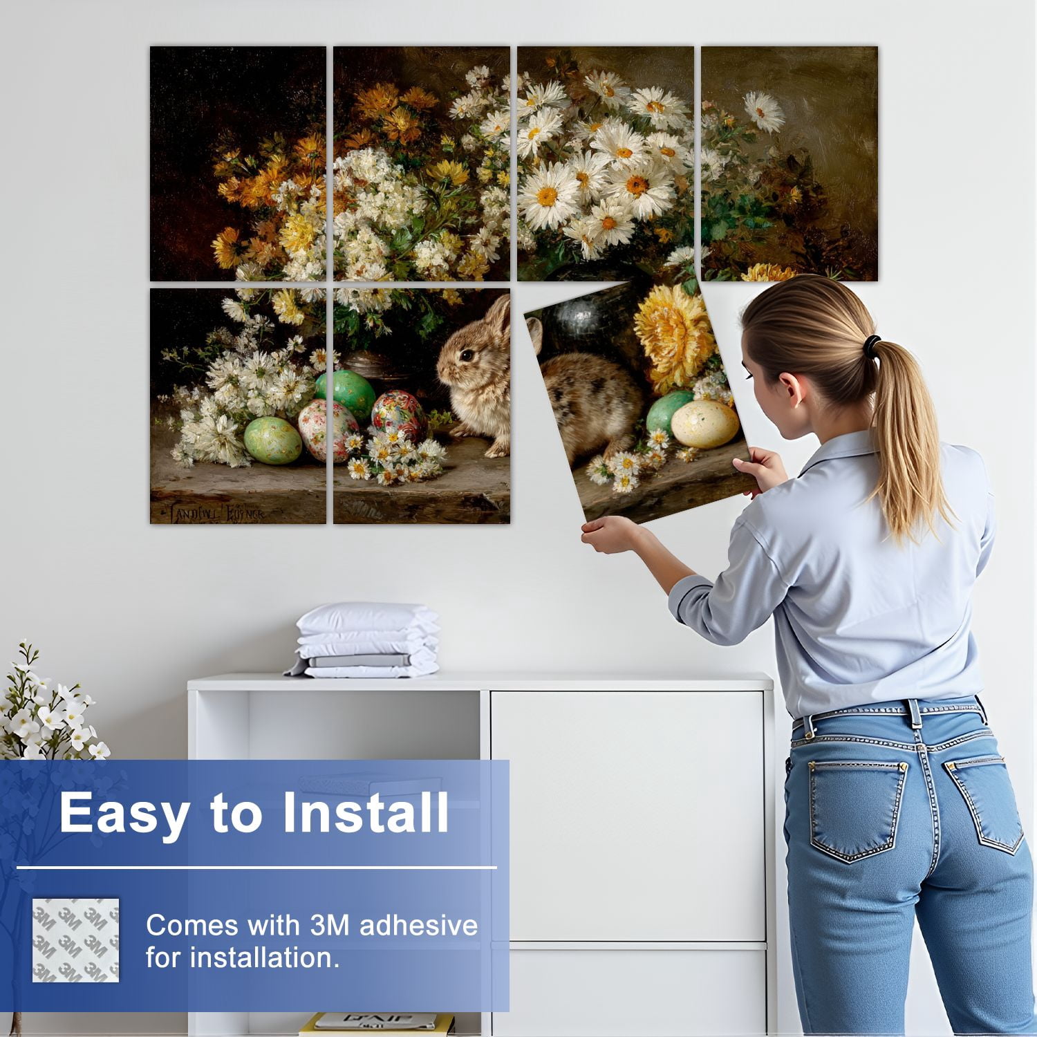 8 Pack Art Acoustic Panels Vintage Brown Bunny Daisy Easter Eggs Dark Toned Spring Rustic Animal Self Adhesive Sound Absorbing Panels for Home Office Studio Media Room 48"x32"