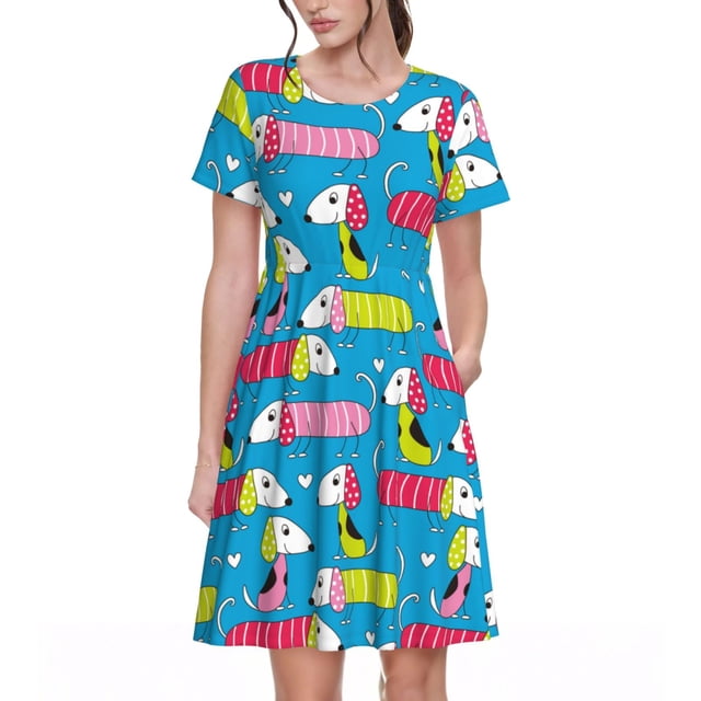 Fotbe Color Dachshund Dog Vestido Largo de Moda para Mujer, Vestido Tipo Camiseta con Manga Corta y Estilo Casual a Rayas y Bloques de Color