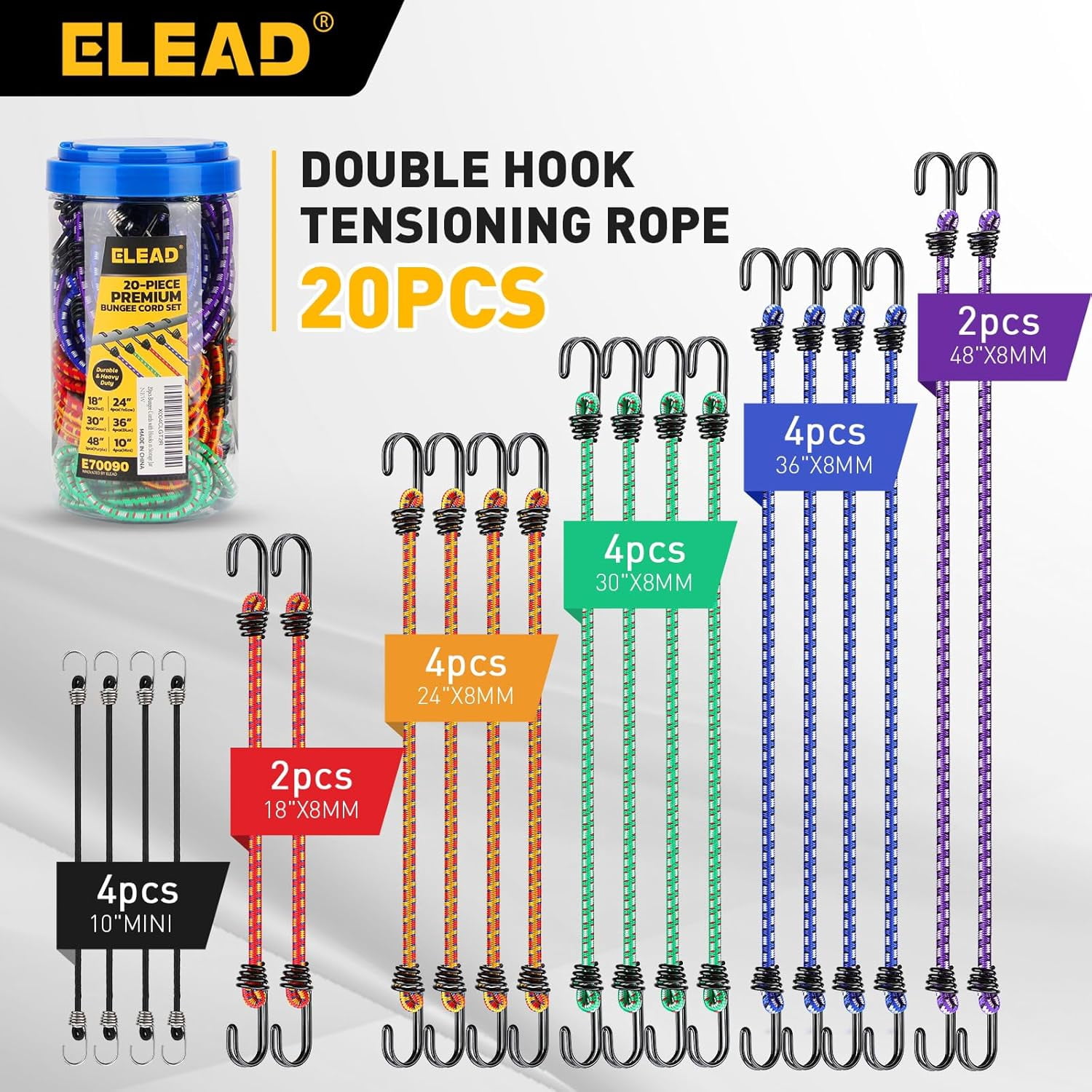 Bungee Cords Heavy Duty Outdoor: 20 Pcs Premium Rubber Bungee Cords with Hooks in a Storage Jar Includes 10", 18", 24", 30", 36", 48" Bungee Cord for Camping, Tent, Fastening Items