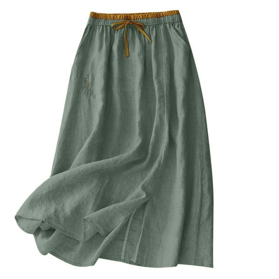 Women's Solid Color Cotton Linen Half Skirt Casual Mid Length Elastic Waist Skirt, Comfortable Half Skirt for Relaxed Wear,Army Green,L