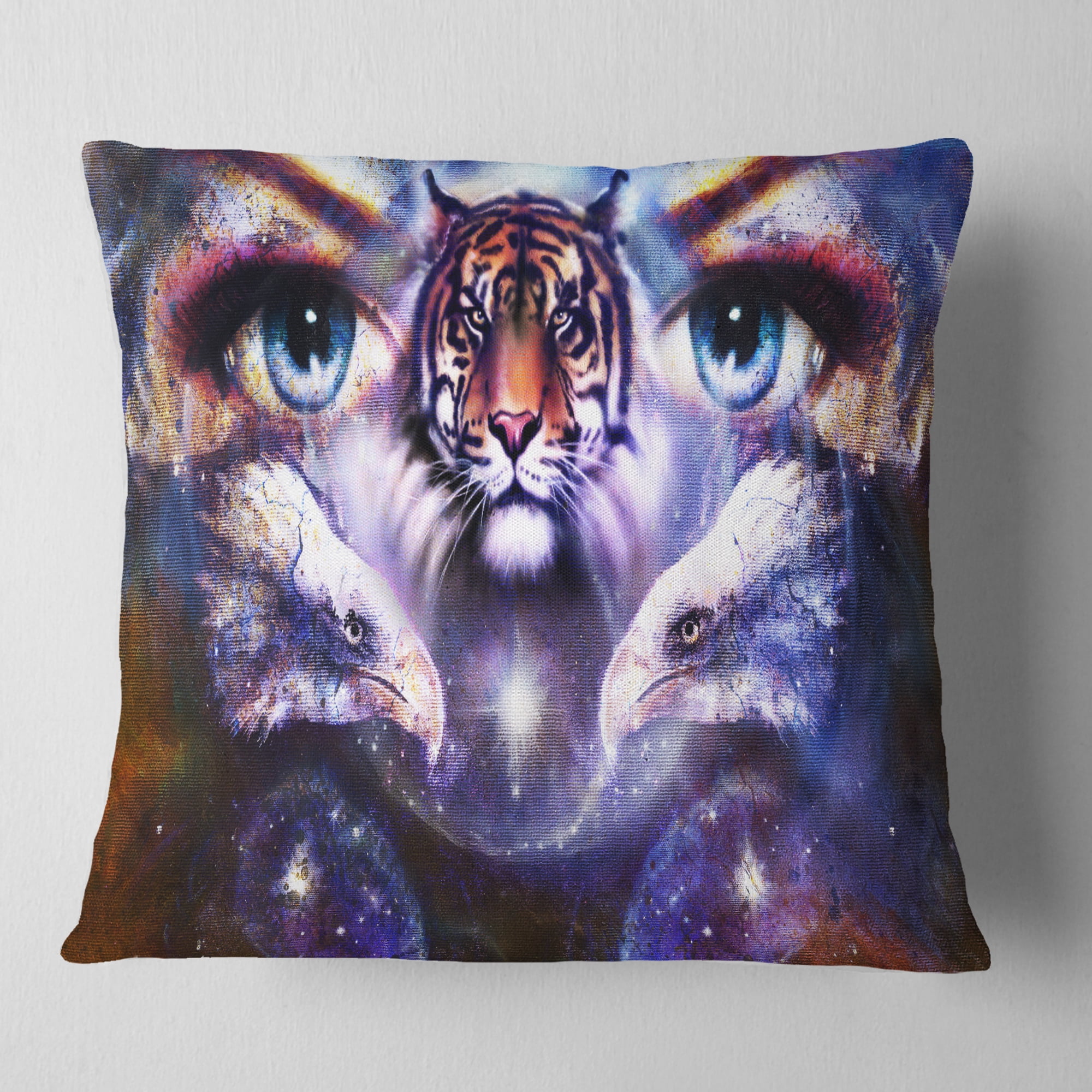 Designart Tiger Eagles and Woman Eyes Collage - Animal Throw Pillow - 18x18