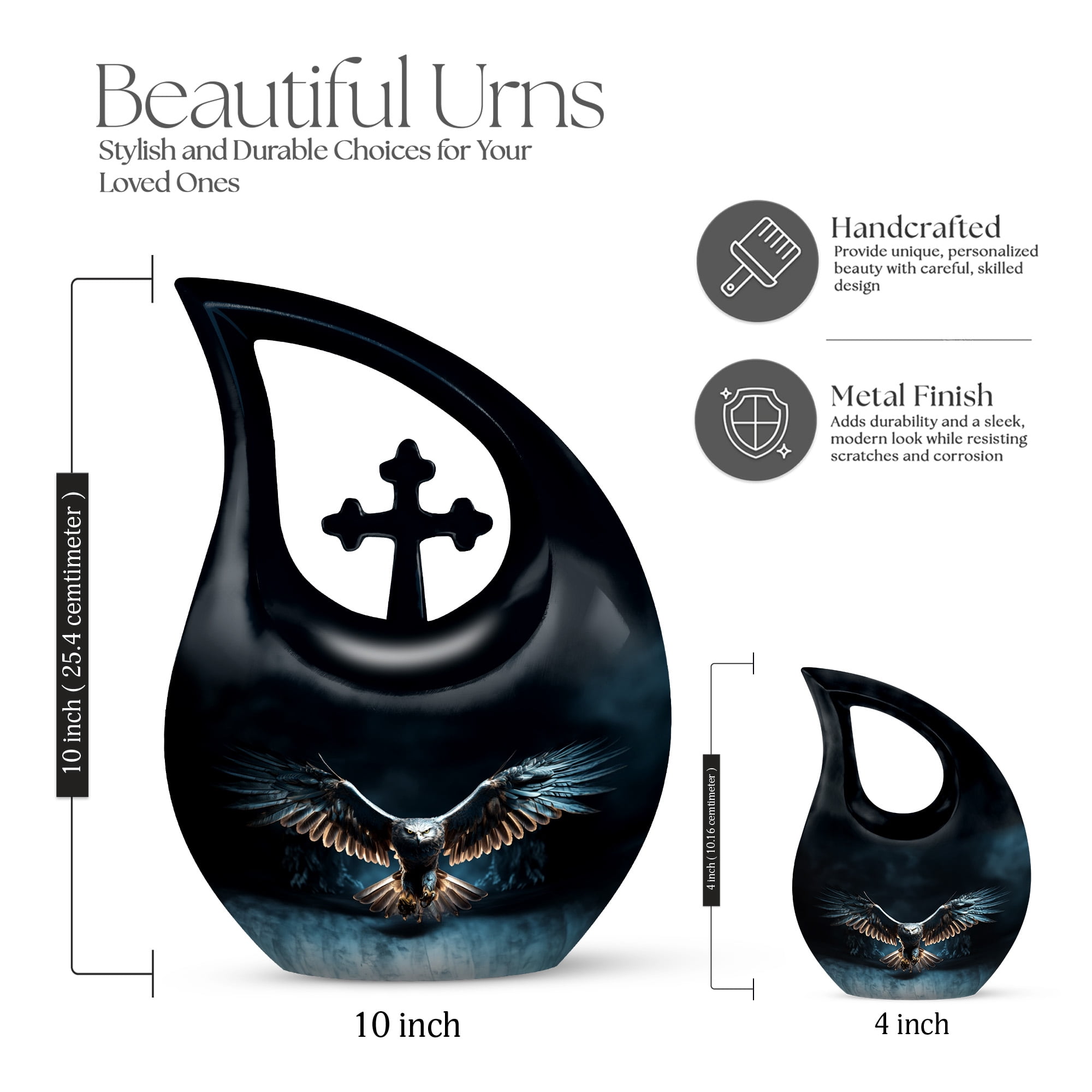 MUKTIVE Eagle Cremation Urns for Women and Men - Large Cross Drop Burial Urn for Adult Male Ashes - Black Funeral Urn for Daughter and Son - Memorial Gifts for Loss of Mom and Dad, 10 Inch