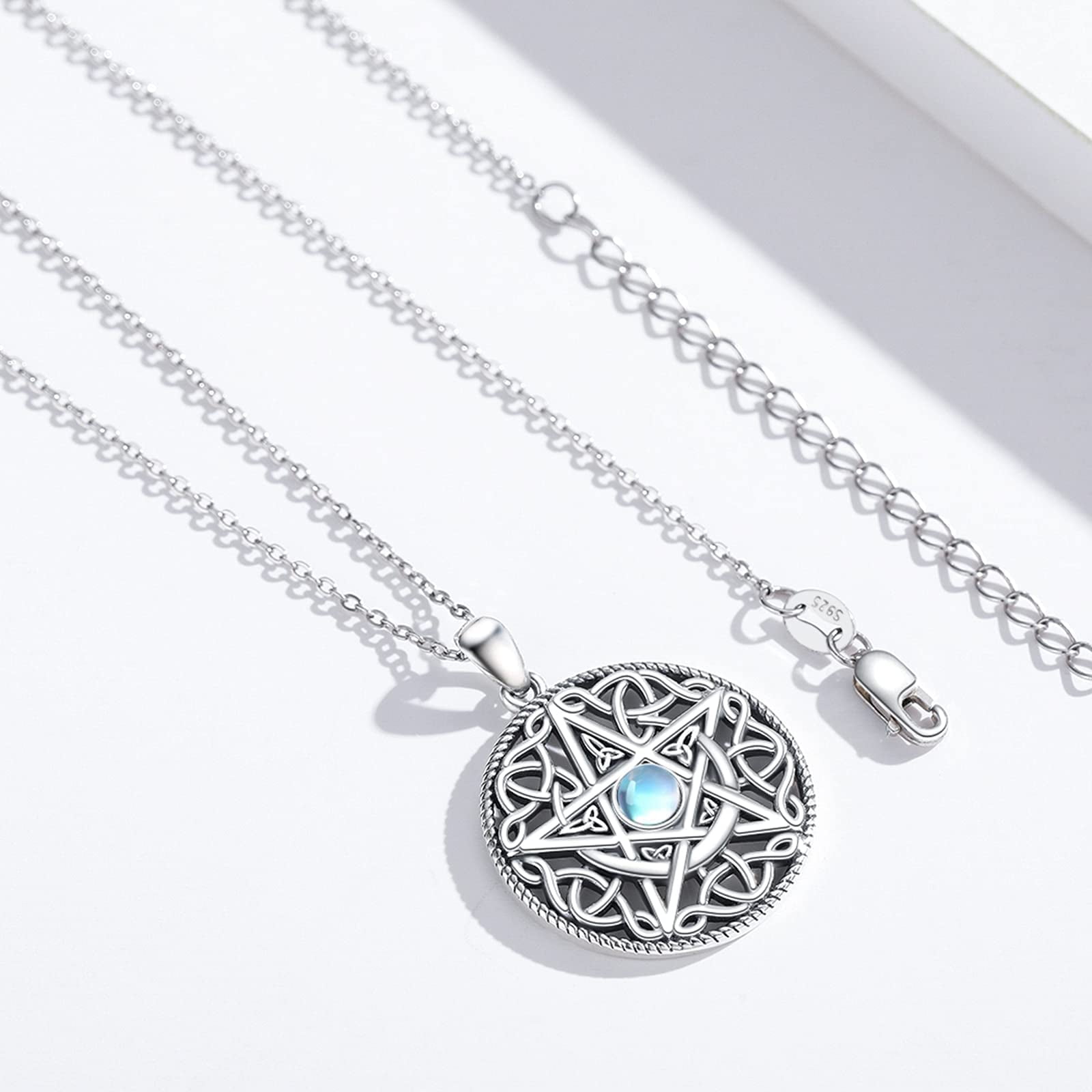 Coachuhhar Pentagram Necklace 925 Sterling Silver Moon Pentacle Pendant Celtic Knot Pagan Witchy Wiccan Amulet Jewelry Gifts for Women